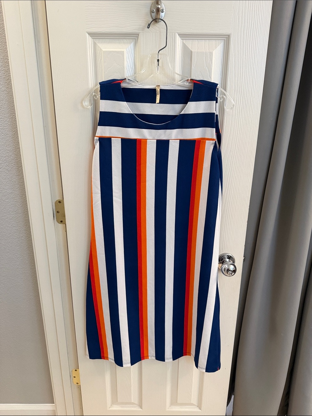 Sleeveless Striped Midi Dress in Navy, White & Orange